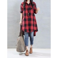 Plus Size Casual Women Loose Plaid Lapel Long Sleeve High Low Shirts