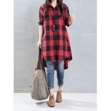 Plus Size Casual Women Loose Plaid Lapel Long Sleeve High Low Shirts