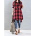 Plus Size Casual Women Loose Plaid Lapel Long Sleeve High Low Shirts