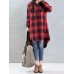 Plus Size Casual Women Loose Plaid Lapel Long Sleeve High Low Shirts