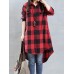 Plus Size Casual Women Loose Plaid Lapel Long Sleeve High Low Shirts