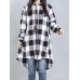 Plus Size Casual Women Loose Plaid Lapel Long Sleeve High Low Shirts