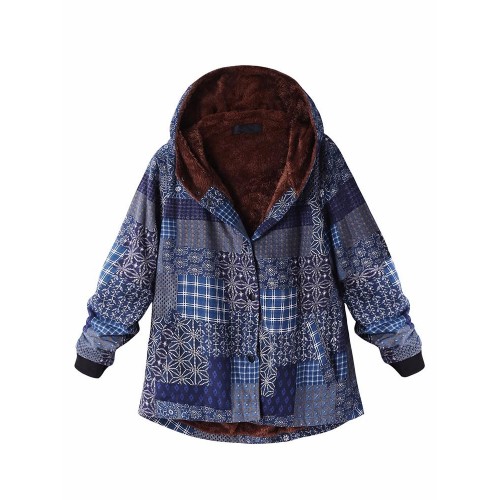  L-5XL Casual Women Block Print Hooded Fleece Thicken Coat