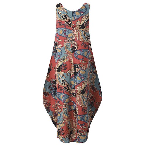 Loose Lantern Sleeveless Vintage Printed Maxi Dress For Women