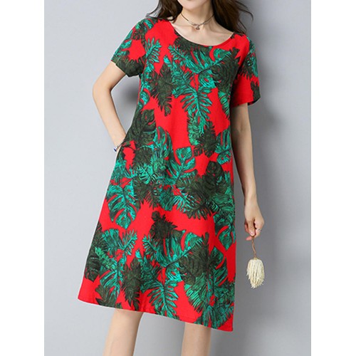 Vintage Women Floral Printed Dress Short Sleeve Pockets Cotton Linen Dresses