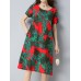 Vintage Women Floral Printed Dress Short Sleeve Pockets Cotton Linen Dresses