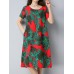 Vintage Women Floral Printed Dress Short Sleeve Pockets Cotton Linen Dresses