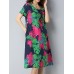 Vintage Women Floral Printed Dress Short Sleeve Pockets Cotton Linen Dresses