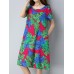 Vintage Women Floral Printed Dress Short Sleeve Pockets Cotton Linen Dresses