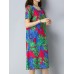 Vintage Women Floral Printed Dress Short Sleeve Pockets Cotton Linen Dresses