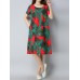 Vintage Women Floral Printed Dress Short Sleeve Pockets Cotton Linen Dresses