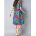 Vintage Women Floral Printed Dress Short Sleeve Pockets Cotton Linen Dresses