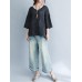 Casual Women Striped Shirt V Neck Half Sleeve Cotton Linen Blouse