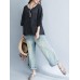 Casual Women Striped Shirt V Neck Half Sleeve Cotton Linen Blouse