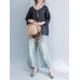 Casual Women Striped Shirt V Neck Half Sleeve Cotton Linen Blouse