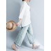 Casual Women Striped Shirt V Neck Half Sleeve Cotton Linen Blouse