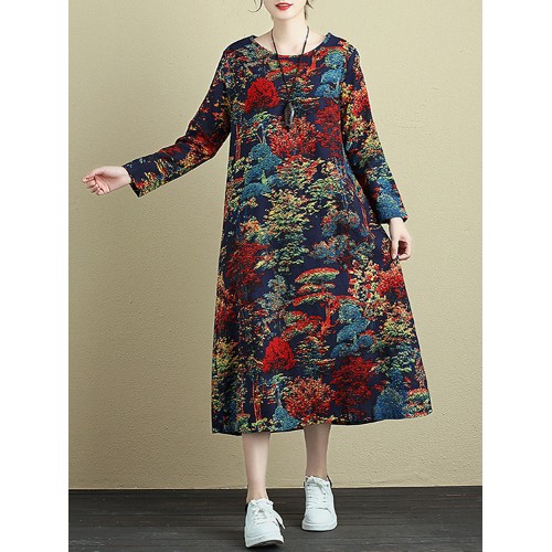 Plus Size Retro Women Floral Long Sleeve Dress