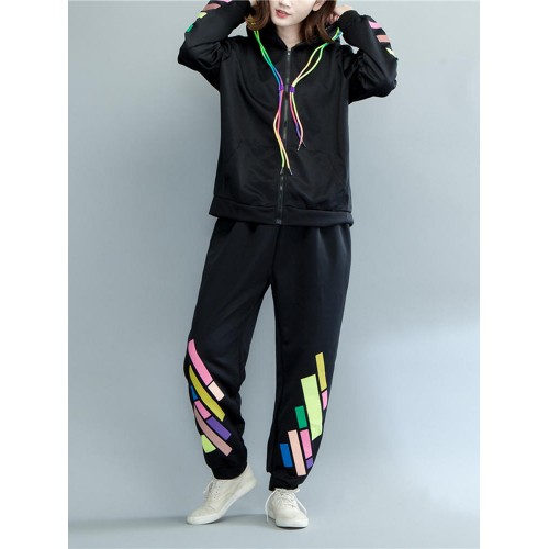 Autumn Casual Women Color Stripe Loose Cotton Leisure Suits