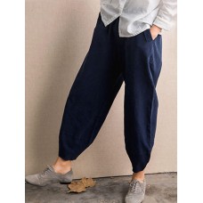 Plus Size Casual Women Pockets Elastic Waist Cotton Bunched Pants