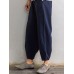 Plus Size Casual Women Pockets Elastic Waist Cotton Bunched Pants