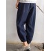 Plus Size Casual Women Pockets Elastic Waist Cotton Bunched Pants