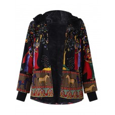 Casual Women Printing Hooded Thick Black Coats