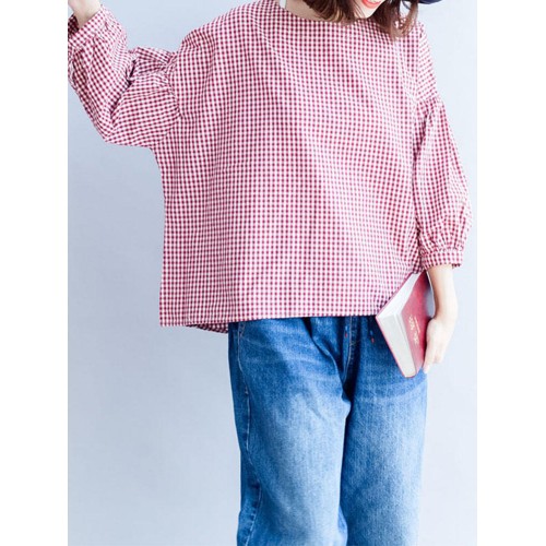 M-5XL Casual Women Black and White Plaid Blouse