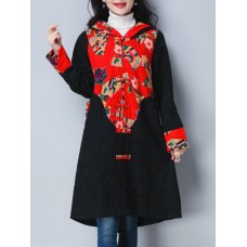 Plus Size Vintage Women Floral Printed Hooded Coats