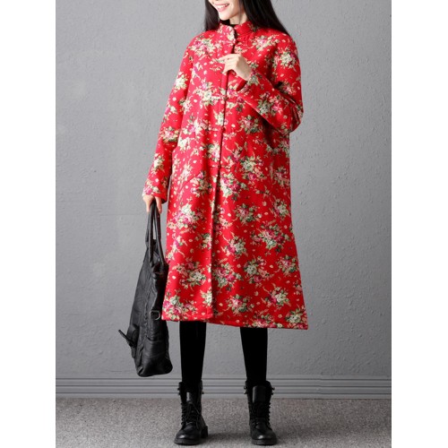Plus Size Vintage Women Loose Floral Printed Mandarin Collar Coats