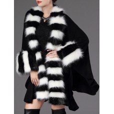 Plus Size Eleglant Women Striped Bats Sleeve Faux Fur Coats