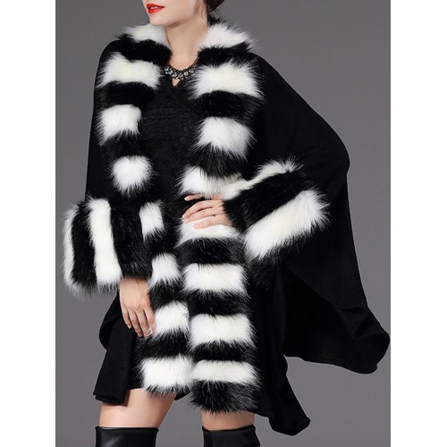 Plus Size Eleglant Women Striped Bats Sleeve Faux Fur Coats