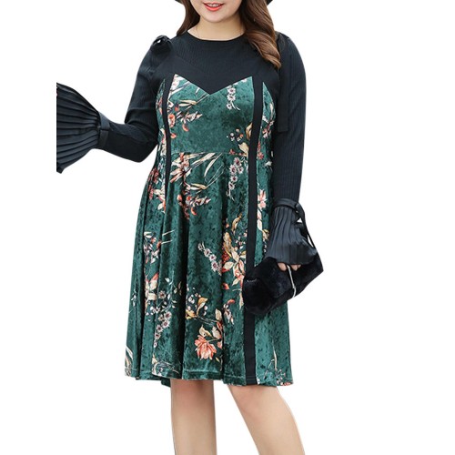 Plus Size Eleglant Women Sleeveless Floral Gold Velvet Dresses