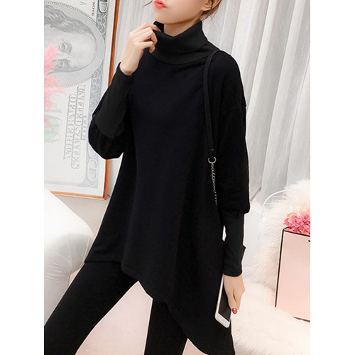 Plus Size Casual Women High Collar Irregular Hem Shirts