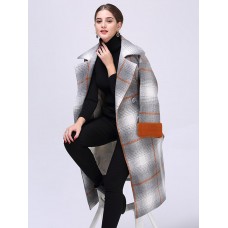 Plus Size Casual Women Plaid Color Patchwork Woolen Coats