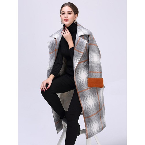 Plus Size Casual Women Plaid Color Patchwork Woolen Coats