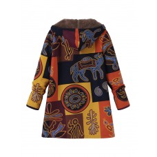 Vintage Women Printed Hooded Pockets Coats