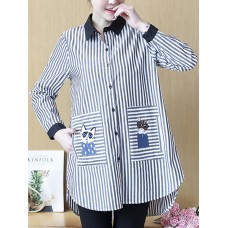 Plus Size Casual Women Cat Embroidery Stripe Blouse
