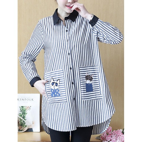 Plus Size Casual Women Cat Embroidery Stripe Blouse