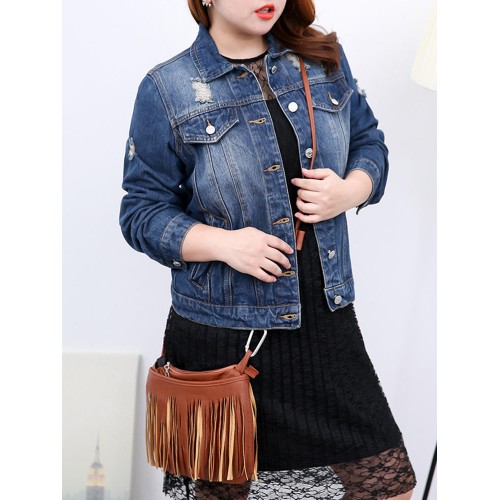 Plus Size Casual Women Hole Denim Jacket