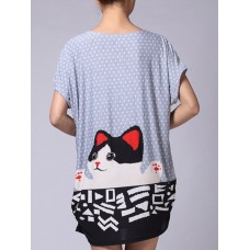 Plus Size Casual Women Cat Printed Short Sleeve Shirts