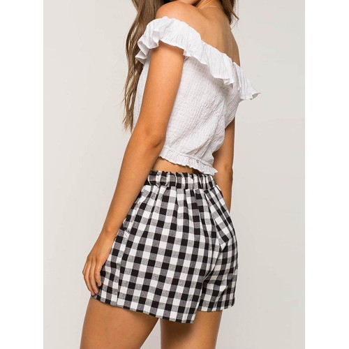 Plus Size Women Elastic High Waist Plaid Shorts