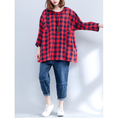 Plus Size Casual Women Plaid Batwing Sleeve Shirts