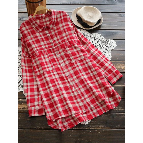 Plus Size Casual Women Plaid Pockets Blouse