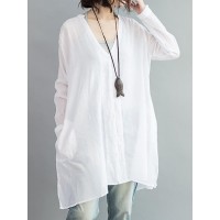 Casual Women White Loose V-Neck Thin Blouse