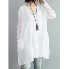Casual Women White Loose V-Neck Thin Blouse