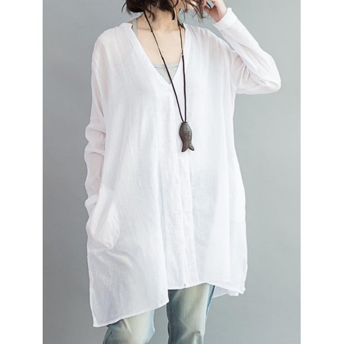 Casual Women White Loose V-Neck Thin Blouse