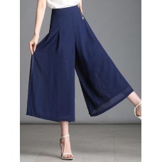 Women Chiffon Lace Pure Color Elastic Waist Split Wide Leg Pants