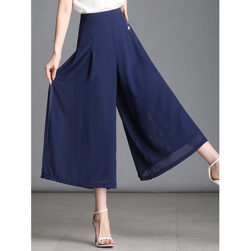 Women Chiffon Lace Pure Color Elastic Waist Split Wide Leg Pants