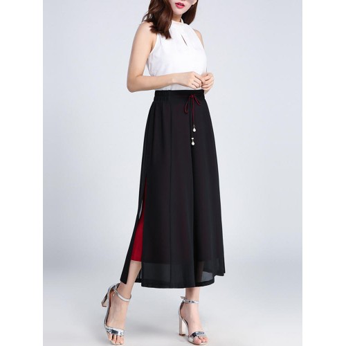 Women Chiffon Side Split Pearl Two-tone Wide Leg Pants