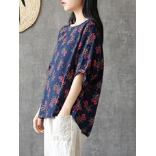 Plus Size Women Vintage Floral Print Short Sleeves Blouse